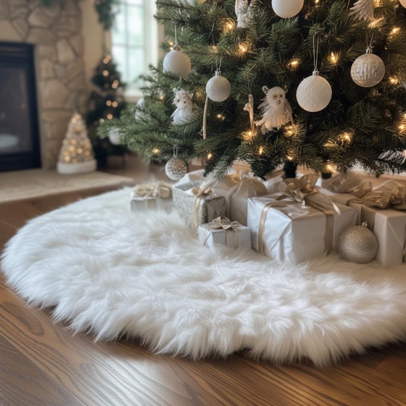 AISENO 48 Inch White Faux Fur Christmas Tree Skirt, Luxury Plush Tree Base Cover for Holiday Party and Home Christmas Decor - Image 1